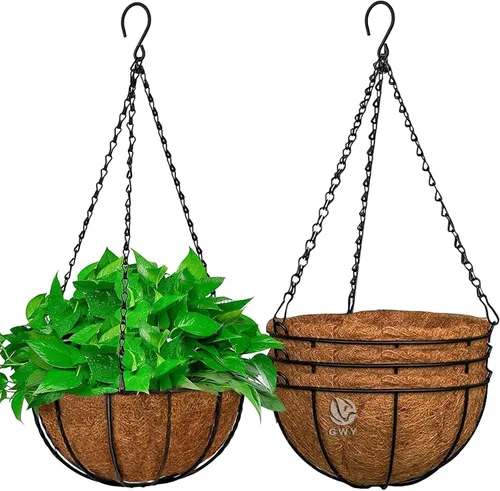 GWY Cestas colgantes para macetas, 3 paquetes de 12 pulgadas, soporte de alambre de metal para plantas con forro de coco y cadena negra para colgar