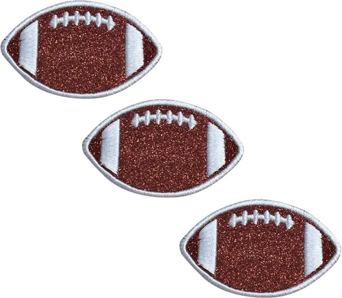 Miniatura 5 de Balón de fútbol con purpurina marrón, contorno/puntadas blancas, bordado, parche para planchar (2 pulgadas)