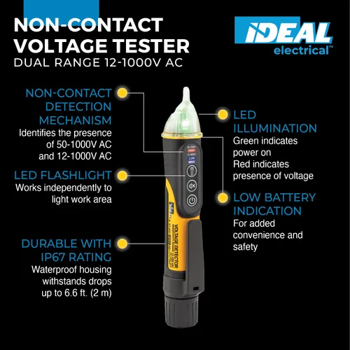 Miniatura 2 de IDEAL Electrical 61-657 - Probador de Voltaje de Doble Rango 12-1000V AC NCVT con Linterna