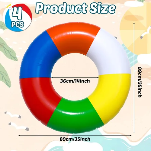 Miniatura 2 de 4 piezas de herramientas inflables de natación de 35 pulgadas, anillos de natación a rayas de arco iris, flotadores de playa, piscina, anillos