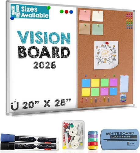 Besso Vision Board 2026: juego combinado de pizarra de corcho de borrado en seco, pizarra blanca magnética de 20 x 28 pulgadas, tablero combinado de