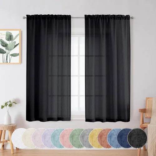 Chyhomenyc 2 paneles de cortinas traslúcidas color negro aplastadas de 54 pulgadas de largo, filtrantes de luz, gasa arrugada sólida para