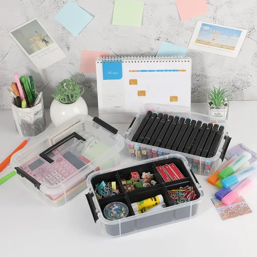 Miniatura 2 de JUXYES Paquete de 2 Cajas de Almacenamiento Apilables y Portátiles de 3 Niveles con Bandeja Dividida, Contenedor de Almacenamiento Apilable