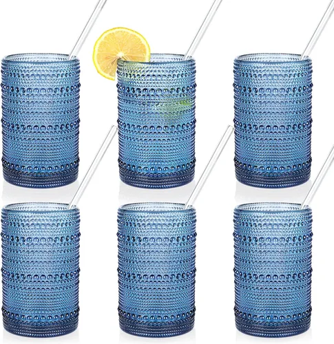 KMIGRUAN Juego de 6 vasos grandes de hobnail para beber, cristalería vintage azul de 15 onzas, vasos de vidrio en relieve, vaso de agua, vasos altos