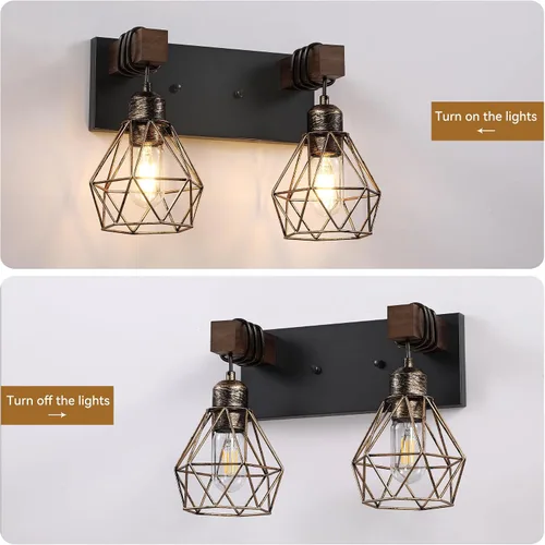 Miniatura 5 de Lámpara de tocador estilo casa de campo para baño, luminarias de tocador de baño de 2 luces negra dorada de madera sobre espejo, apliques rústicos