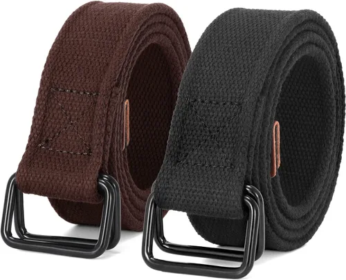 Miniatura 10 de JASGOOD Cinturones de tela de lona para hombre, cinturones casuales de tela con hebilla de doble anillo negro, paquete de 2