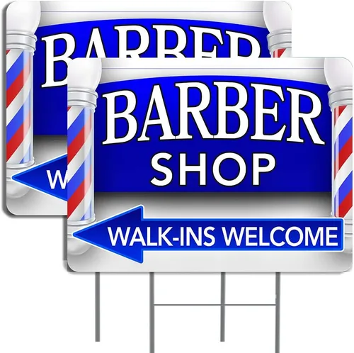 Paquete de 2 carteles para patio de Barber Shop (flecha) de 16 x 24 pulgadas, impresión a doble cara, con estacas de metal
