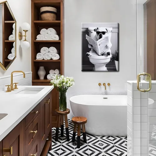 Miniatura 2 de Divertida imagen de baño para decoración de pared, periódico de lectura de perros en el inodoro, arte de pared enmarcado en blanco y negro