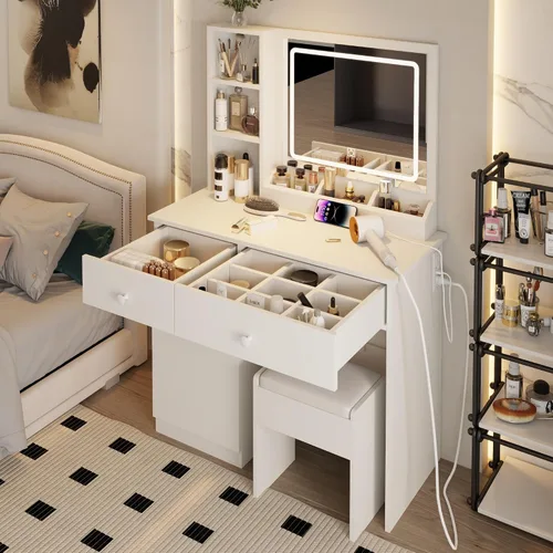 Miniatura 11 de Montary Escritorio de tocador de maquillaje con espejo y luces, juego de mesa de tocador blanca con 5 cajones, espejo deslizante, estantes