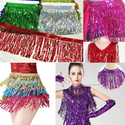 Miniatura 2 de Lauthen.S Borde de flecos de lentejuelas de 9.8 yardas, borlas de lentejuelas de 6 pulgadas para manualidades, vestido latino, adorno de ropa