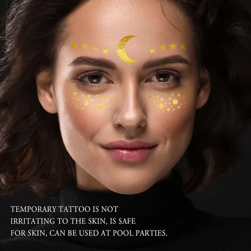 Miniatura 6 de 1 hoja de tatuajes faciales temporales metálicos dorados, luna celestial, estrella, pecas sintéticas, calcomanías de maquillaje, impermeables