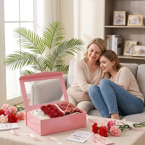 Miniatura 5 de PACKQUEEN Caja de regalo grande rosa con ventana, 13.5x9x4.1 pulgadas, caja de regalo transparente para el Día de la Madre con cinta, tarjeta