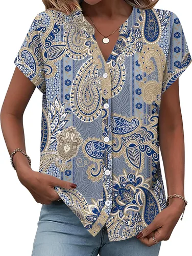 Miniatura 6 de Zeagoo Camisas con botones para mujer, camisetas de manga corta, cuello en V, blusas casuales de negocios