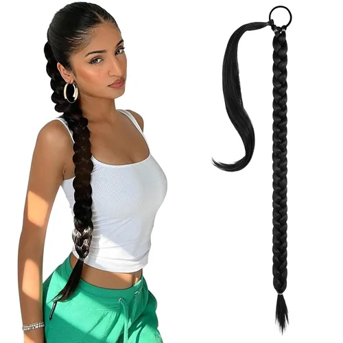 Miniatura 22 de SEIKEA - Extensión de cola de caballo trenzada larga mejorada con banda elástica lisa y mechón trenzado envolvente, color negro, 20 pulgadas