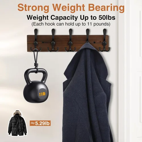 Miniatura 5 de Perchero de madera resistente para pared, paquete de 2 perchas de pared con 5 ganchos triples para ropa, chaqueta, sombrero, llaves, organizador