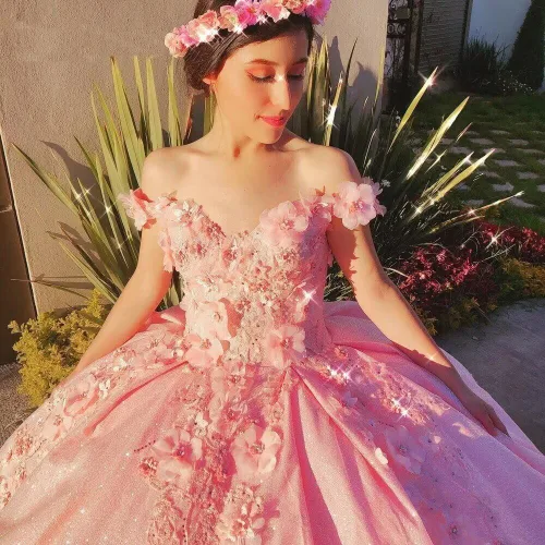 Miniatura 26 de Ftupza Preciosos vestidos de quinceañera florales 3D vestidos de tul hinchados para mujeres fuera del hombro vestido de fiesta largo FFtu09