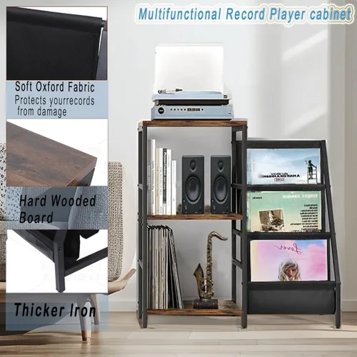 Miniatura 4 de Soporte para tocadiscos, soporte para tocadiscos con almacenamiento de discos de vinilo, soportes para tocadiscos, mesa auxiliar marrón para sala