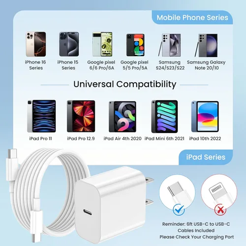 Miniatura 10 de Cargador de iPhone de carga rápida, paquete de 3 cargadores USB C de 20 W para iPhone 17 16 15 con cable USB C de 60 W, 6 pies para iPhone 17 Pro