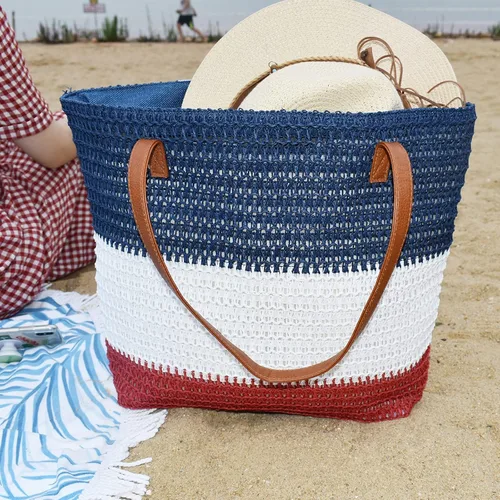 Miniatura 90 de Bolso grande de paja para mujer, tejido de ratán, bolso de playa de verano, a rayas