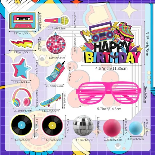 Miniatura 7 de Hooqict 26 piezas de decoraciones de pasteles de los años 80 y 90, decoraciones retro de los años 80 de hip hop con bolas de purpurina para cupcakes