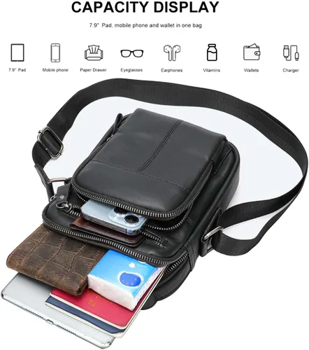 Miniatura 2 de PRELITER Bolso cruzado de cuero genuino para hombre, bolso de hombro de cuero genuino para hombres para negocios y actividades al aire libre