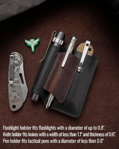 Miniatura 3 de VIPERAED PJ38 Funda multiherramienta de cuero para hombres, 4 en 1, organizador de bolsillo EDC para cuchillo de bolsillo, linterna multiherramienta