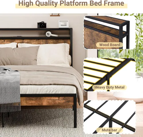 Miniatura 6 de Zevemomo - Base de cama completa con estación de carga, puertos USB y enchufes, base de plataforma tamaño completo con cabecera, base de cama sin