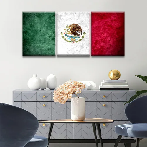 Miniatura 3 de Arte de pared con bandera de México para sala de estar, pintura de pared con textura envejecida y colorida de la bandera de México, 3 piezas