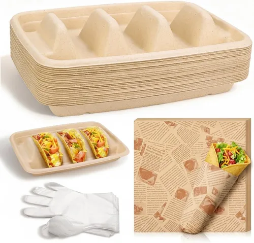 24 soportes desechables para tacos con 100 forros y 100 guantes, platos de tacos de fibra natural resistentes, bandejas de tacos de 3 compartimentos