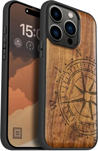 Miniatura 9 de Carveit Funda magnética de madera para iPhone 15 Pro, compatible con cargadores inalámbricos MagSafe, funda de TPU suave negro a prueba de golpes