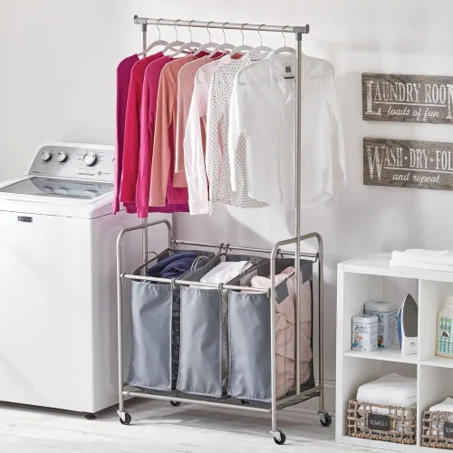 Miniatura 2 de mDesign Clasificador de ropa portátil con ruedas y barra para colgar ropa, sistema de carrito de metal resistente con 3 cestas organizadoras