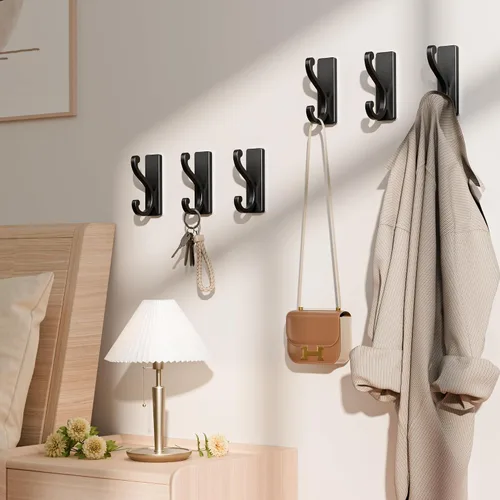 Miniatura 7 de Ganchos de Pared Negros para Abrigos, Paquete de 6 Ganchos Autoadhesivos de Montaje en Pared para Ropa, Toallas, Llaves, Cartera, Mochila, Bolsa