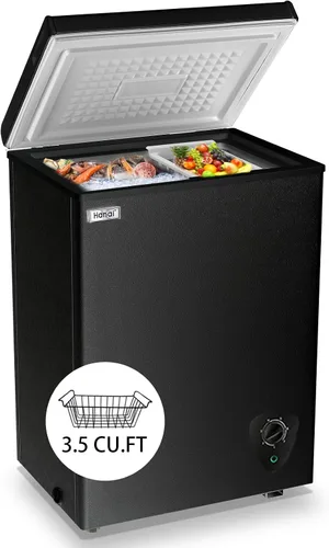 WANAI Congelador de pecho pequeño y profundo de 3.5 pies cúbicos, mini congeladores negros para puerta superior, 7 termostatos ajustables y cesta