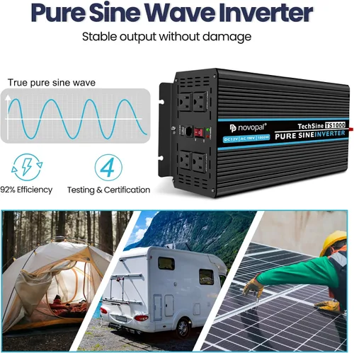 Miniatura 5 de NOVOPAL Inversor de corriente de onda sinusoidal pura de 1000 W, 1000 W, 12 V CC a 110 V 120 V CA, 4 salidas de CA, 1 puerto USB para automóvil, RV