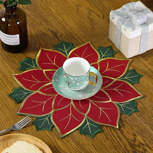 Miniatura 3 de Juego de manteles individuales de Navidad de 16 pulgadas, manteles individuales de flor de pascua con bordados y hojas verdes, manteles individuales