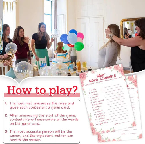 Miniatura 6 de OLOUTAB 50 Juegos de Baby Shower para Niña - Juego de Palabras con Tema Floral, Cartulina Gruesa, Divertido y Fácil de Jugar (Con Respuesta)
