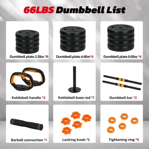 Miniatura 8 de Juego de mancuernas ajustables, juego de pesas de 66 libras, juego de mancuernas 4 en 1 con conector para barra, pesas rusas, soporte de flexión