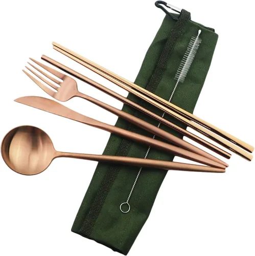 Miniatura 16 de Utensilios de viaje reutilizables, 7 piezas portátiles de acero inoxidable 304, incluyendo cuchillo, tenedor, cuchara, palillos, cepillo