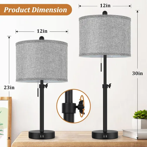Miniatura 2 de Kondras Table Lamps for Bedroom Set of 2, 23''-30'' Adjustable Height Bedside Lamps with 2 USB Ports, Black Nightstand Lamps with Grey Linen Shade