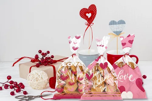 Miniatura 4 de Threetols 150 bolsas de celofán para el día de San Valentín, bolsas de celofán con corazón rojo, bolsas de regalo transparentes de San Valentín, VN