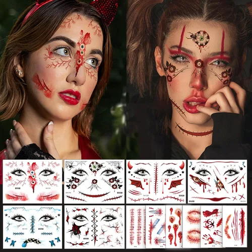 Más de 260 piezas de 36 hojas de tatuajes falsos para Halloween, tatuajes de maquillaje de zombies temporales realistas, tatuajes de cicatrices de