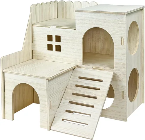 Miniatura 8 de Accesorios de jaula de escondite para hámster Sirvarni - Casa y hábitat de hámster en madera con cabaña oculta, escalera para escalar y tobogán