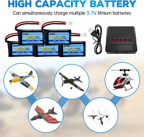 Miniatura 2 de 5 pilas Lipo de 3.7 V 350 mAh 1S con enchufe Molex y cargador para Syma X11C WLToys V911S RC Drone, XK A150 BF-109 FX651 FX621 Z60 Jet F-16 F-22