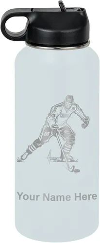Miniatura 47 de LaserGram Botella de agua personalizada, jugador de hockey, acero inoxidable de doble pared aislada al vacío con popote superior, regalo grabado