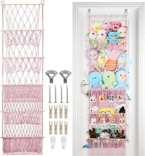 Miniatura 13 de Red de almacenamiento de animales de peluche de 2 niveles, 17 x 32 pulgadas, organizador grande de animales de peluche para pequeños rellenos