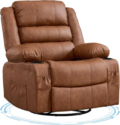 Miniatura 14 de Silla reclinable mecedora para adultos, giratoria de 360°, con portavasos y asiento profundo tapizado, de piel sintética, cómodo sofá individual