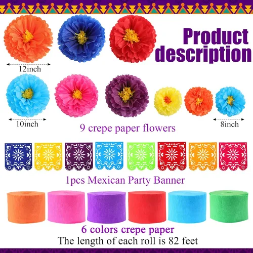 Miniatura 2 de TaoBary 16 piezas Flores de papel mexicanas, decoraciones de fiesta mexicanas, serpentina, fondo y banderines de papel picado, suministros