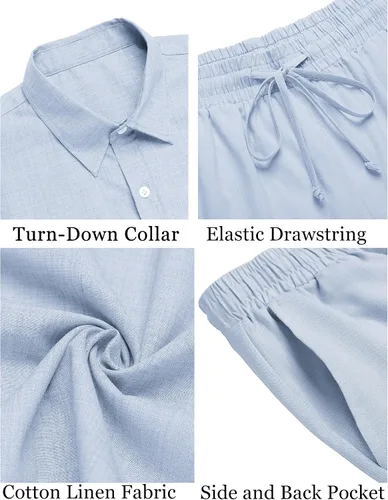 Miniatura 3 de COOFANDY Conjunto de 2 piezas de algodón y lino para hombre, camisas de manga corta con botones, pantalones cortos de playa de verano, trajes