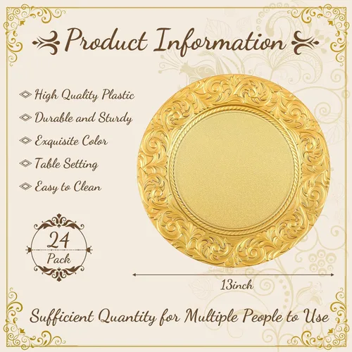 Miniatura 2 de Uiifan 24 Piezas Platos Base Antiguos a Granel 13'' Platos de Plástico en Relieve para Cena Platos Base Redondos Florales para Boda Cargadores Dorado