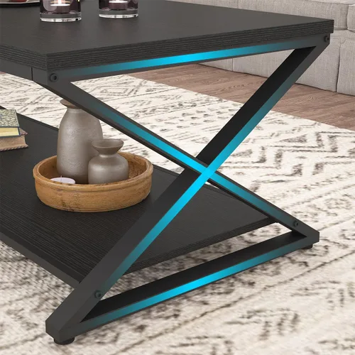 Miniatura 6 de HSH Mesa de café negra moderna, mesa de cóctel rectangular simple de 47 pulgadas con estante de exhibición de almacenamiento, mesa de té industrial